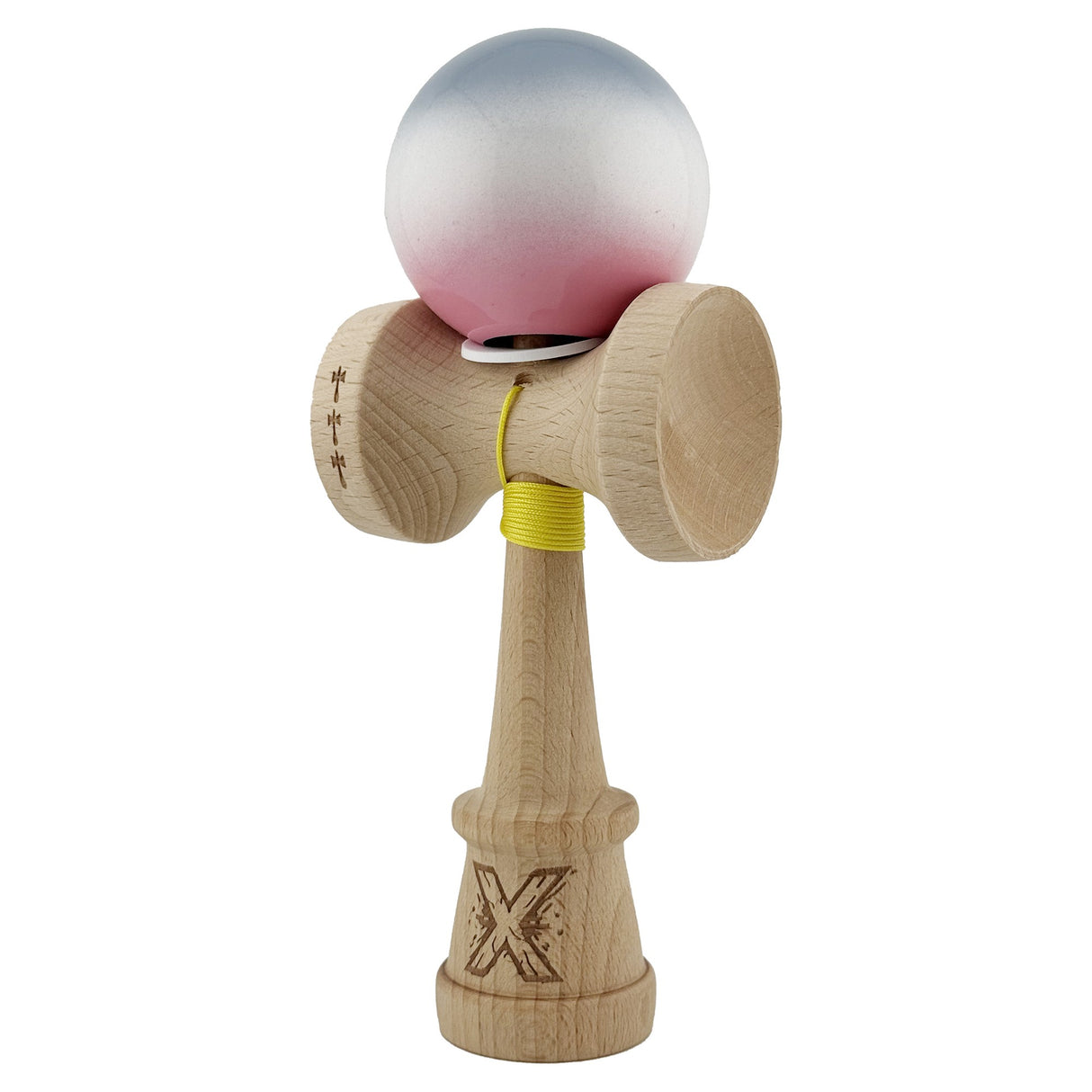 Kendama X Originala, Profesionala, Flippy, Super Sticky cu Cupe Mari KING SIZE V3, Gaura in Baza, Rulment Metalic, din lemn 18 cm, Ata 62/65 cm, Gradient Gri/Alb/Roz - vivimall.ro