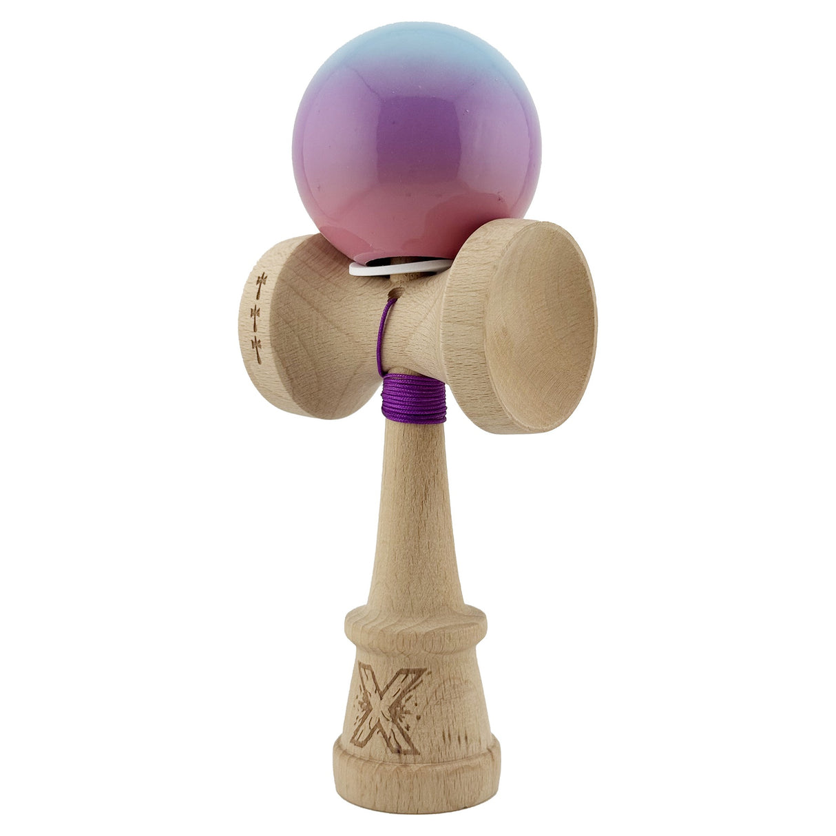 Kendama X Originala, Profesionala, Flippy, Super Sticky cu Cupe Mari KING SIZE V3, Gaura in Baza, Rulment Metalic, din lemn 18 cm, Ata 62/65 cm, Gradient Albastru/Mov/Roz - vivimall.ro