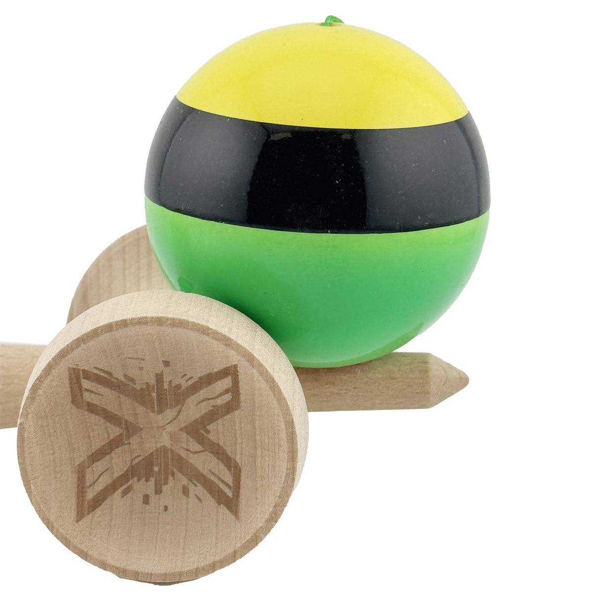Kendama X Originala, Profesionala, Flippy, Super Sticky cu Cupe Mari KING SIZE V3, Gaura in Baza, Rulment Metalic, din lemn 18 cm, Ata 62/65 cm, Galben/Negru/Verde - vivimall.ro