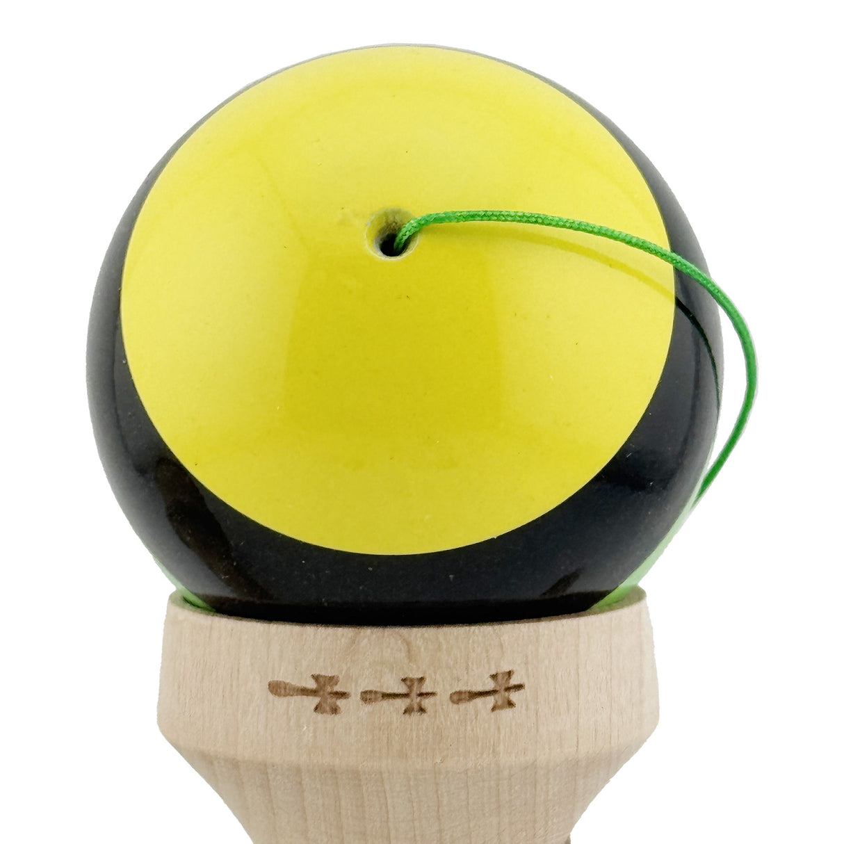 Kendama X Originala, Profesionala, Flippy, Super Sticky cu Cupe Mari KING SIZE V3, Gaura in Baza, Rulment Metalic, din lemn 18 cm, Ata 62/65 cm, Galben/Negru/Verde - vivimall.ro