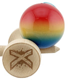 Kendama X Originala, Profesionala, Flippy, Super Sticky cu Cupe Mari KING SIZE V3, Gaura in Baza, Rulment Metalic, din lemn 18 cm, Ata 62/65 cm, Gradient Rosu/Galben/Albastru - vivimall.ro