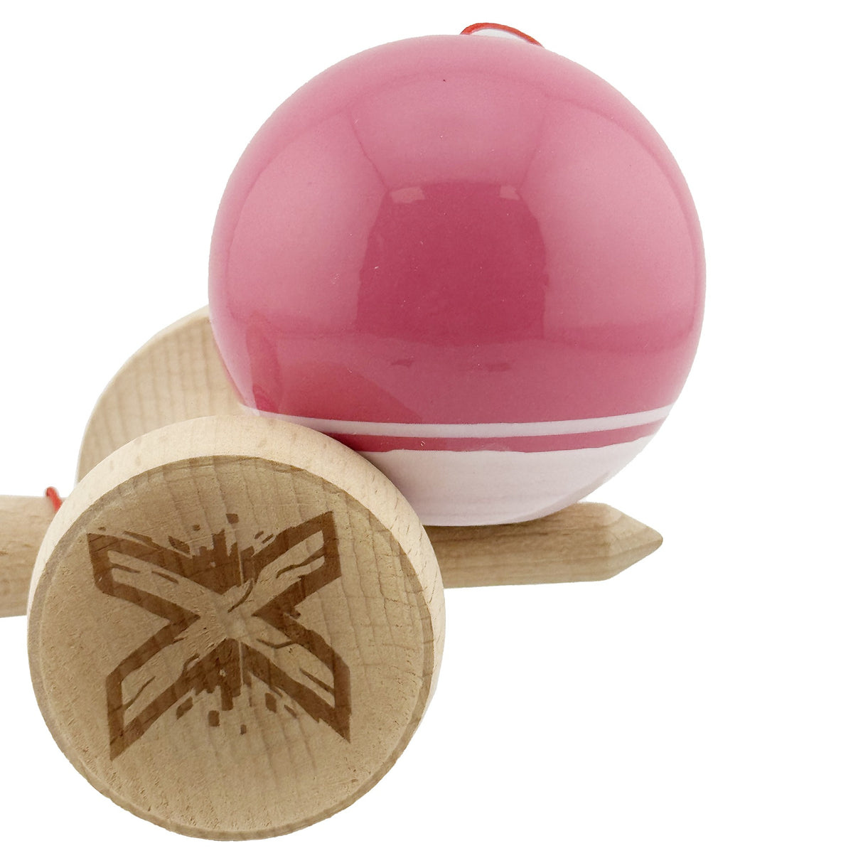 Kendama X Originala, Profesionala, Flippy, Super Sticky cu Cupe Mari KING SIZE V3, Gaura in Baza, Rulment Metalic, din lemn 18 cm, Ata 62/65 cm, Special Roz/Alb - vivimall.ro