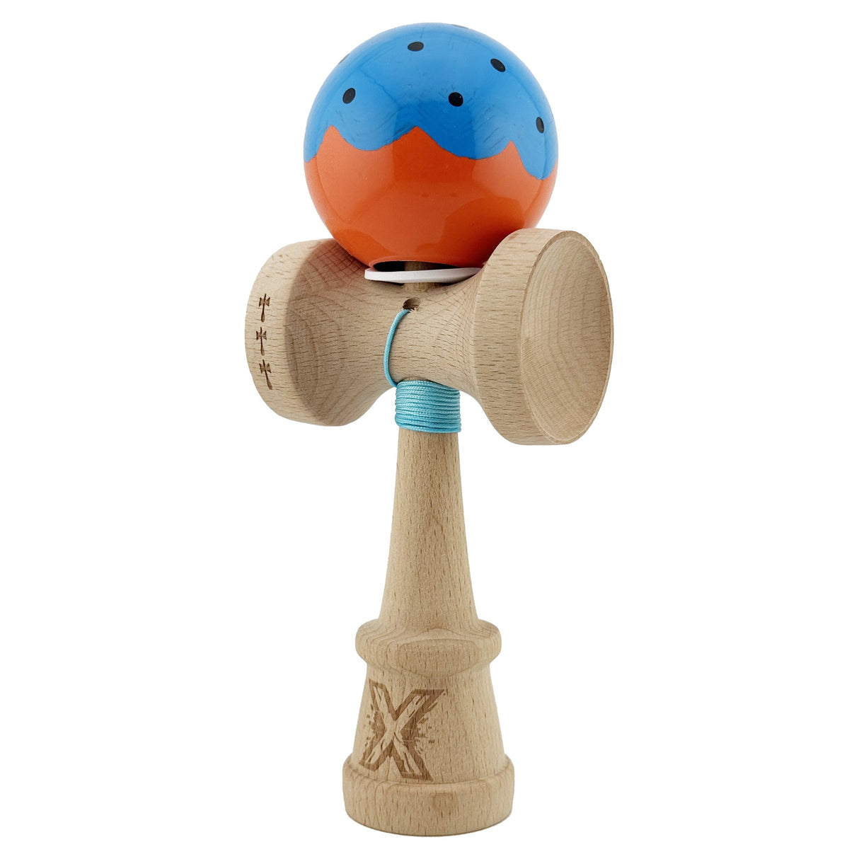 Kendama X Originala, Profesionala, Flippy, Super Sticky cu Cupe Mari KING SIZE V3, Gaura in Baza, Rulment Metalic, din lemn 18 cm, Ata 62/65 cm, Special Albastru/Portocaliu - vivimall.ro