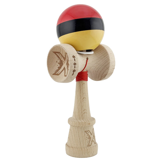 Kendama X Originala, Profesionala, Vivimall, Super Sticky cu Cupe Mari KING SIZE V3, Gaura in Baza, Rulment Metalic, din lemn 18 cm, Ata 62/65 cm, Rosu/Negru/Galben- - vivimall.ro