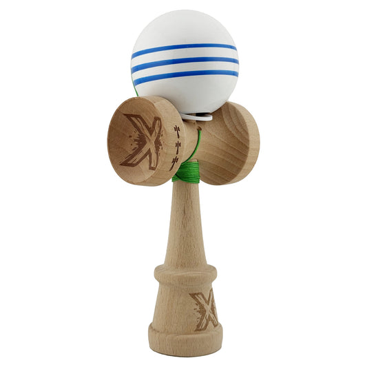 Kendama X Originala, Profesionala, Vivimall, Super Sticky cu Cupe Mari KING SIZE V3, Gaura in Baza, Rulment Metalic, din lemn 18 cm, Ata 62/65 cm, Special Alb/Albastru - vivimall.ro