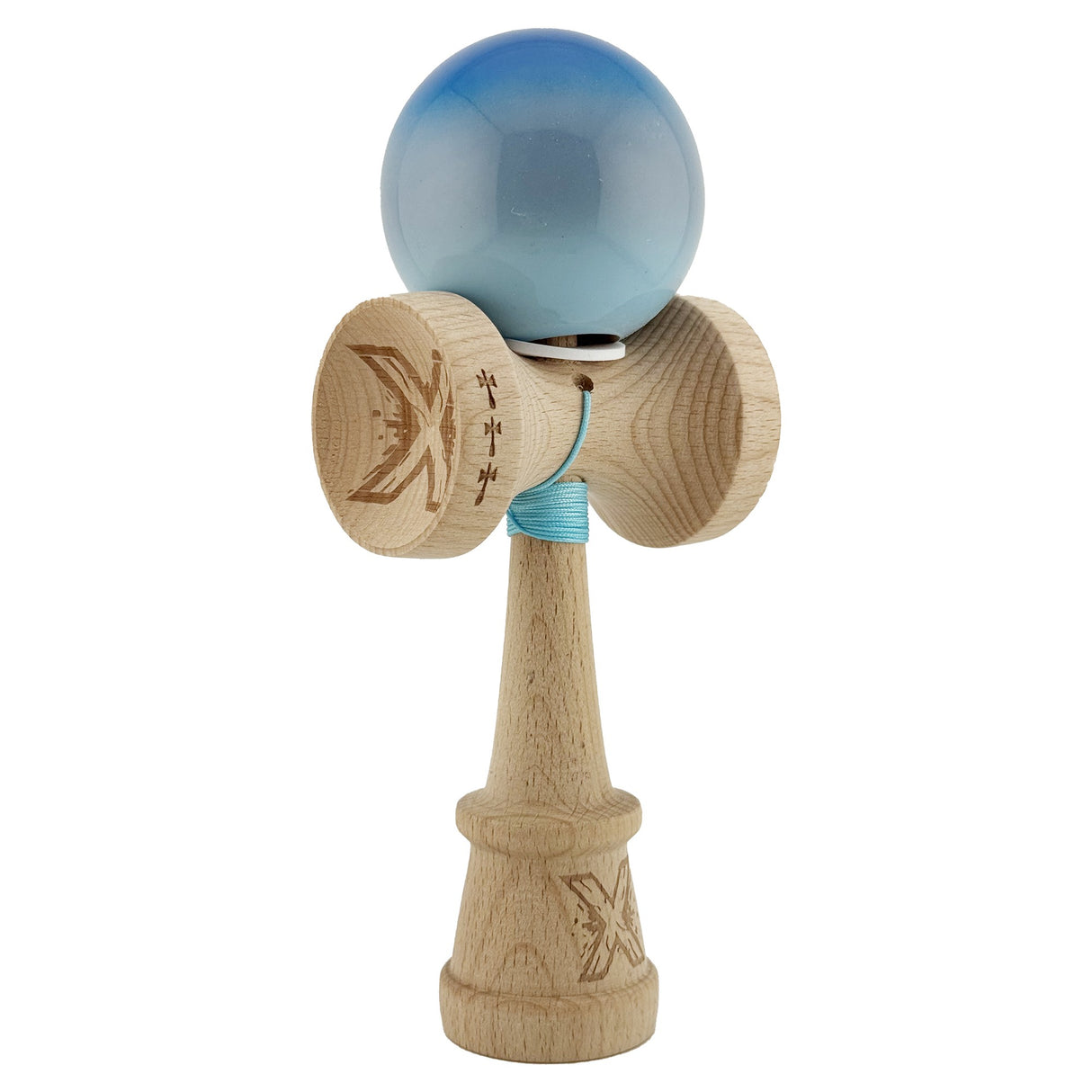 Kendama X Originala, Profesionala, Flippy, Super Sticky cu Cupe Mari KING SIZE V3, Gaura in Baza, Rulment Metalic, din lemn 18 cm, Ata 62/65 cm, Gradient Albastru/Gri/Bleu - vivimall.ro