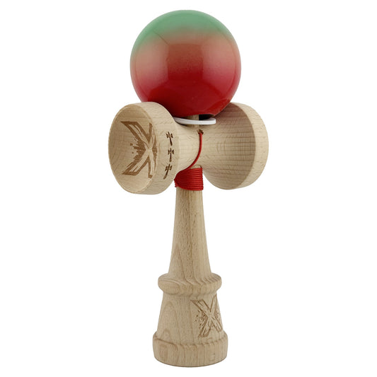 Kendama X Originala, Profesionala, Vivimall, Super Sticky cu Cupe Mari KING SIZE V3, Gaura in Baza, Rulment Metalic, din lemn 18 cm, Ata 62/65 cm, Gradient Verde/Portocaliu/Rosu - vivimall.ro