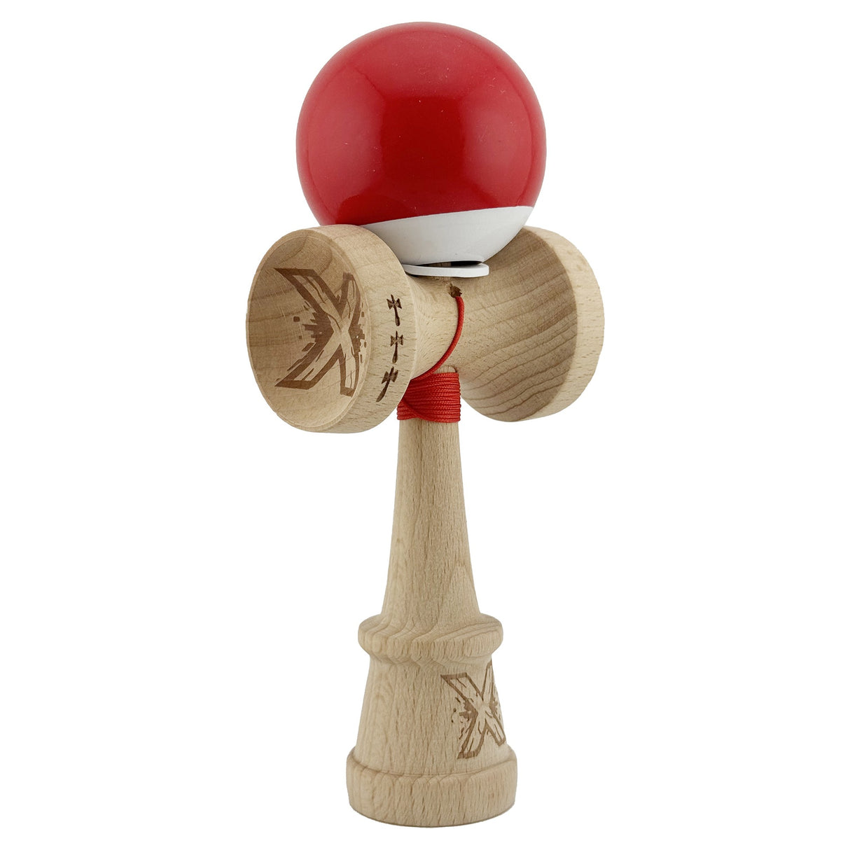 Kendama originală profesională bicolor Roșu/Alb din lemn 18 cm, model King Size V3, vedere frontală