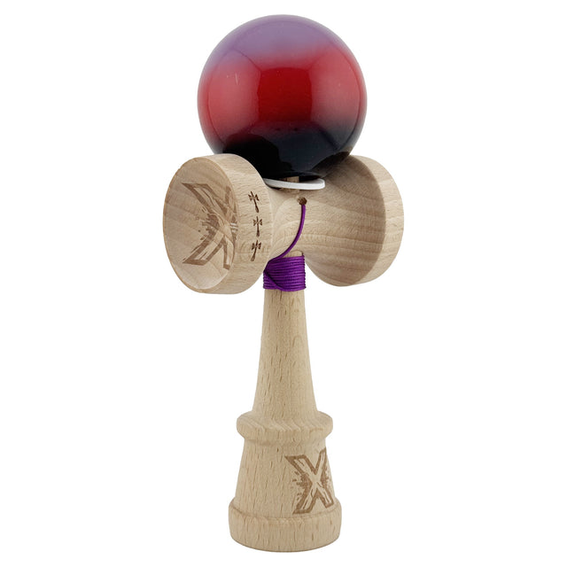 Kendama X Originala, Profesionala, Flippy, Super Sticky cu Cupe Mari KING SIZE V3, Gaura in Baza, Rulment Metalic, din lemn 18 cm, Ata 62/65 cm, Gradient Mov/Rosu/Negru - vivimall.ro