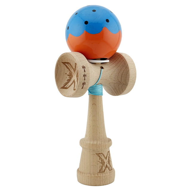 Kendama X Originala, Profesionala, Flippy, Super Sticky cu Cupe Mari KING SIZE V3, Gaura in Baza, Rulment Metalic, din lemn 18 cm, Ata 62/65 cm, Special Albastru/Portocaliu - vivimall.ro