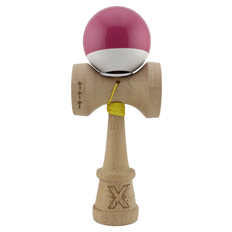 Kendama X Originala, Profesionala, Flippy, Super Sticky cu Cupe Mari KING SIZE V3, Gaura in Baza, Rulment Metalic, din lemn 18 cm, Ata 62/65 cm, Bicolor Roz inchis/Alb - vivimall.ro