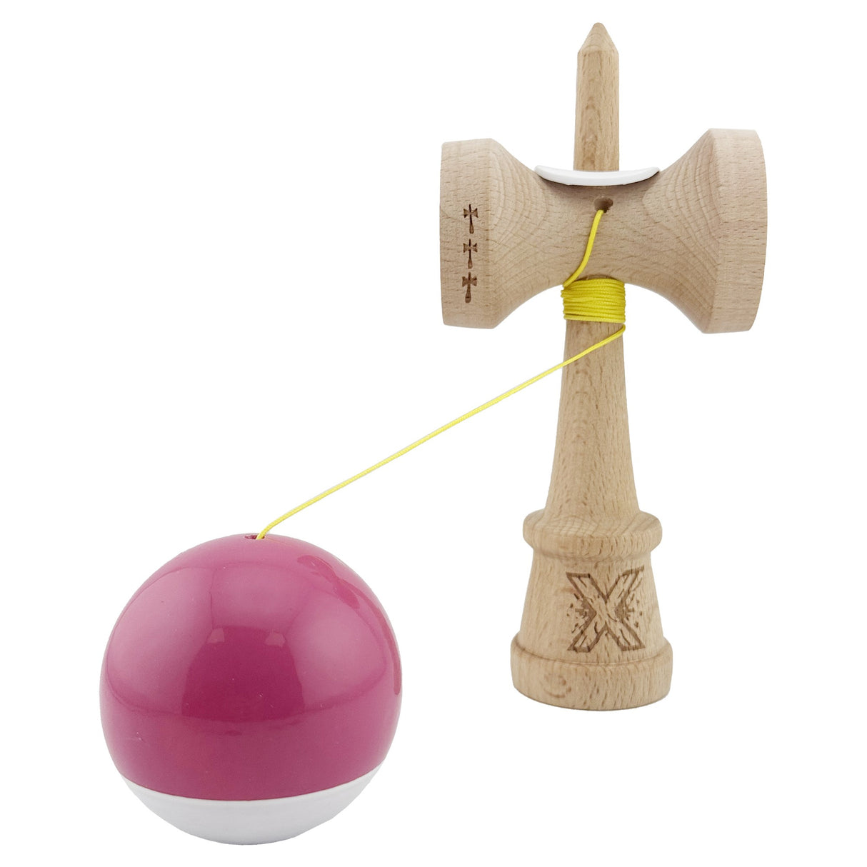 Jucărie kendama roz din lemn natural 18 cm, ață colorată 62 cm, vedere din spate