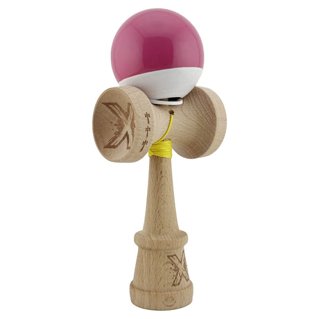 Kendama X Originala, Profesionala, Flippy, Super Sticky cu Cupe Mari KING SIZE V3, Gaura in Baza, Rulment Metalic, din lemn 18 cm, Ata 62/65 cm, Bicolor Roz inchis/Alb - vivimall.ro