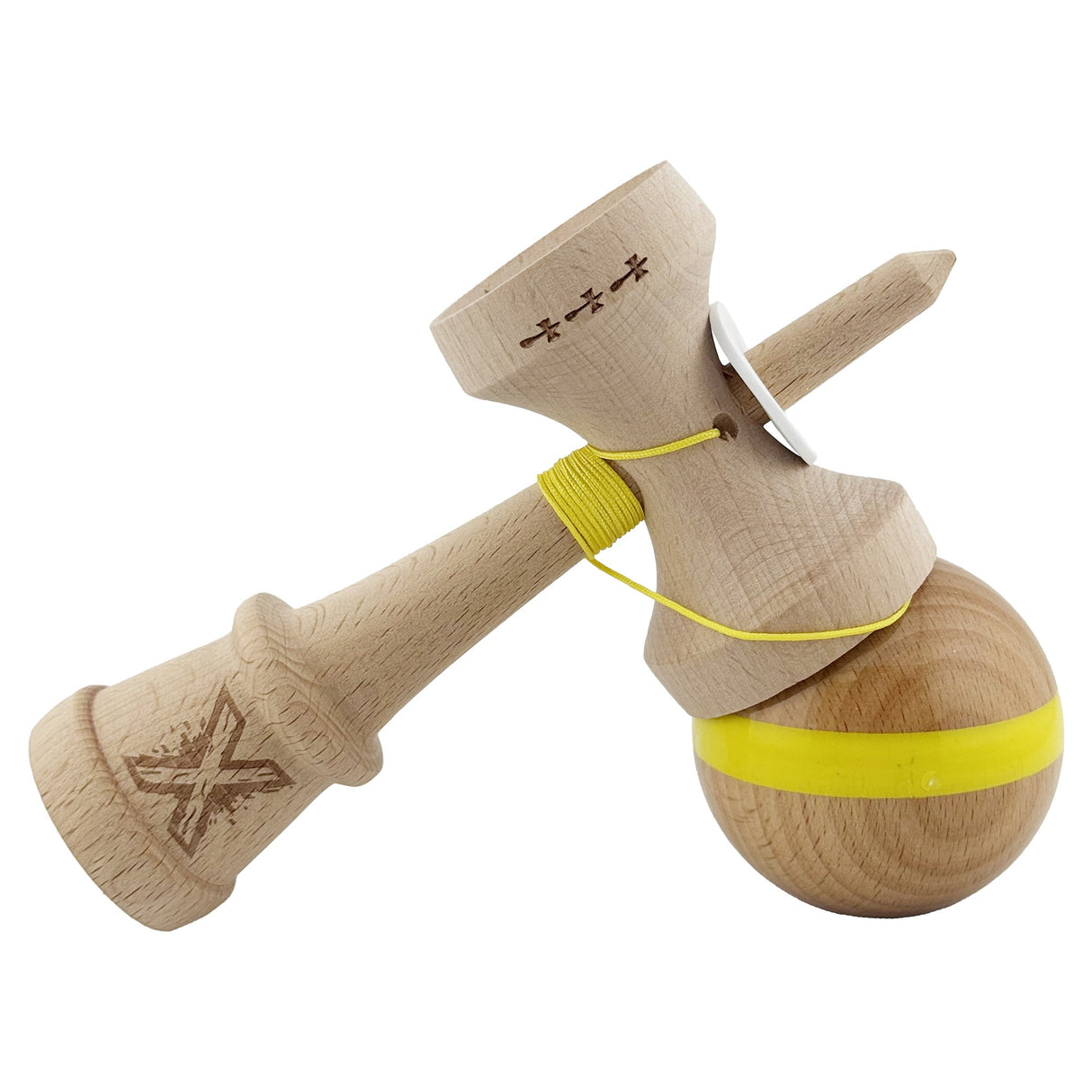 Kendama X Originala, Profesionala, Vivimall, Super Sticky, Cupe Mari KING SIZE V3, Gaura in Baza, Rulment Metalic, din lemn 18 cm, Ata 55 cm, Original Galben - vivimall.ro
