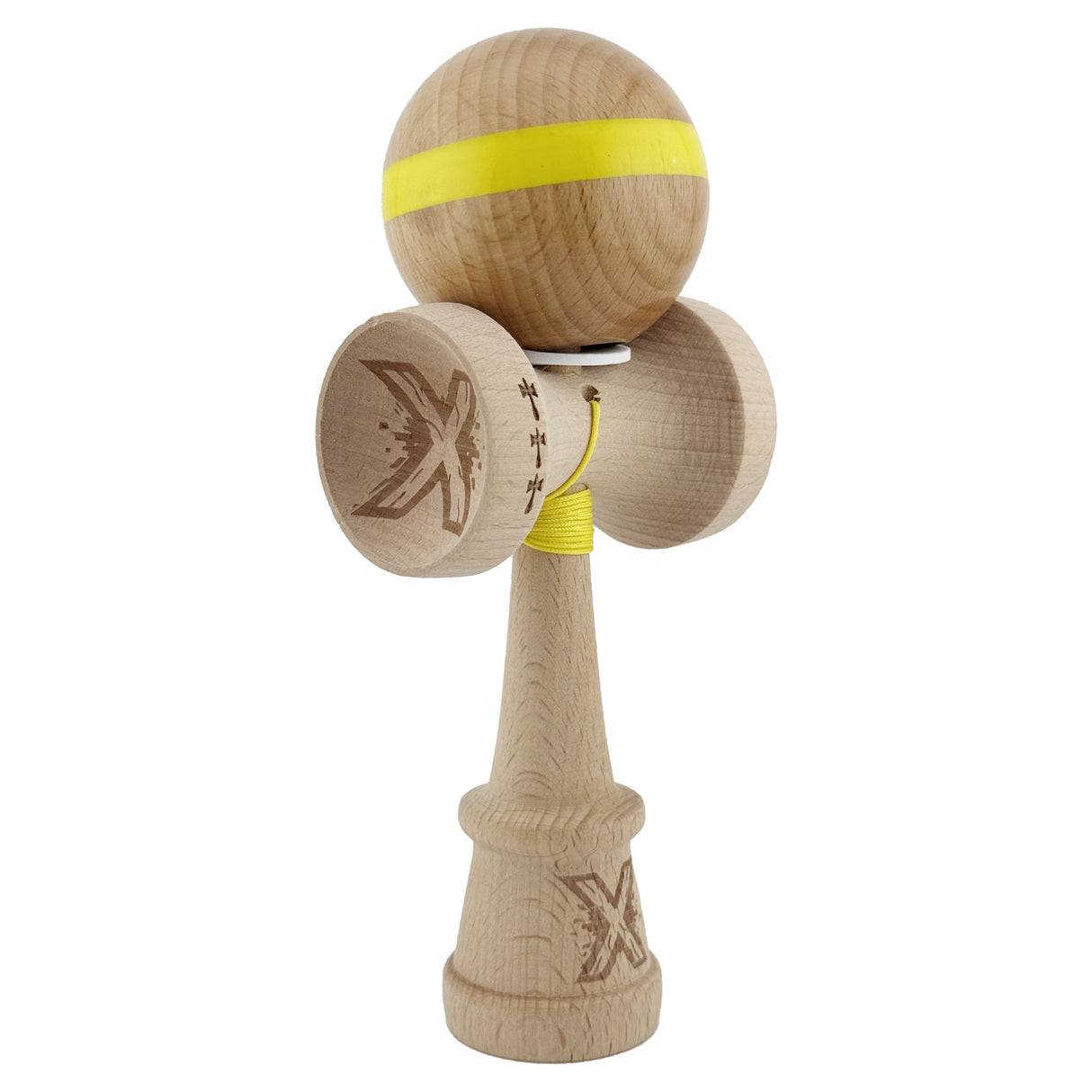 Kendama X Originala, Profesionala, Vivimall, Super Sticky, Cupe Mari KING SIZE V3, Gaura in Baza, Rulment Metalic, din lemn 18 cm, Ata 55 cm, Original Galben - vivimall.ro