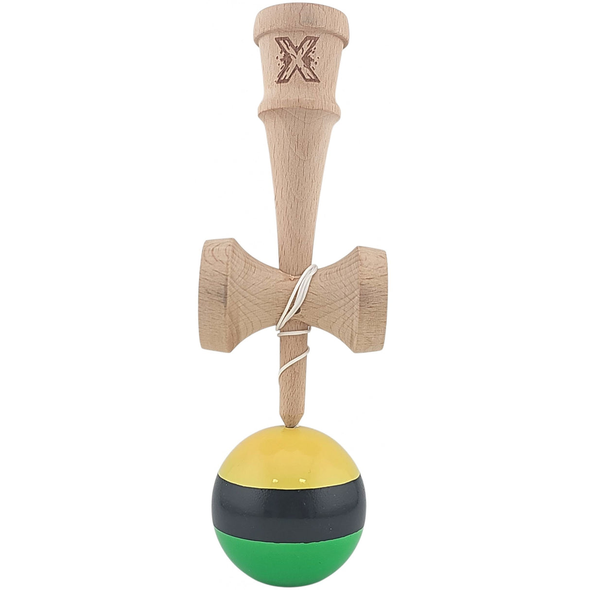 Kendama X Originala, Profesionala, Vivimall, Super Sticky din Lemn, 18 cm, Galben/Negru/Verde - vivimall.ro