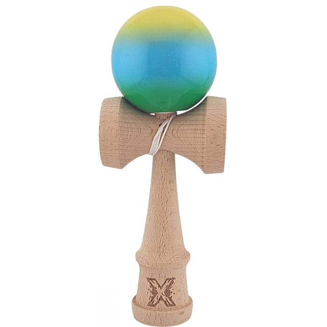 Kendama X Originala, Profesionala, Vivimall, Super Sticky din Lemn, 18 cm, Gradient Galben/Albastru deschis/Verde - vivimall.ro