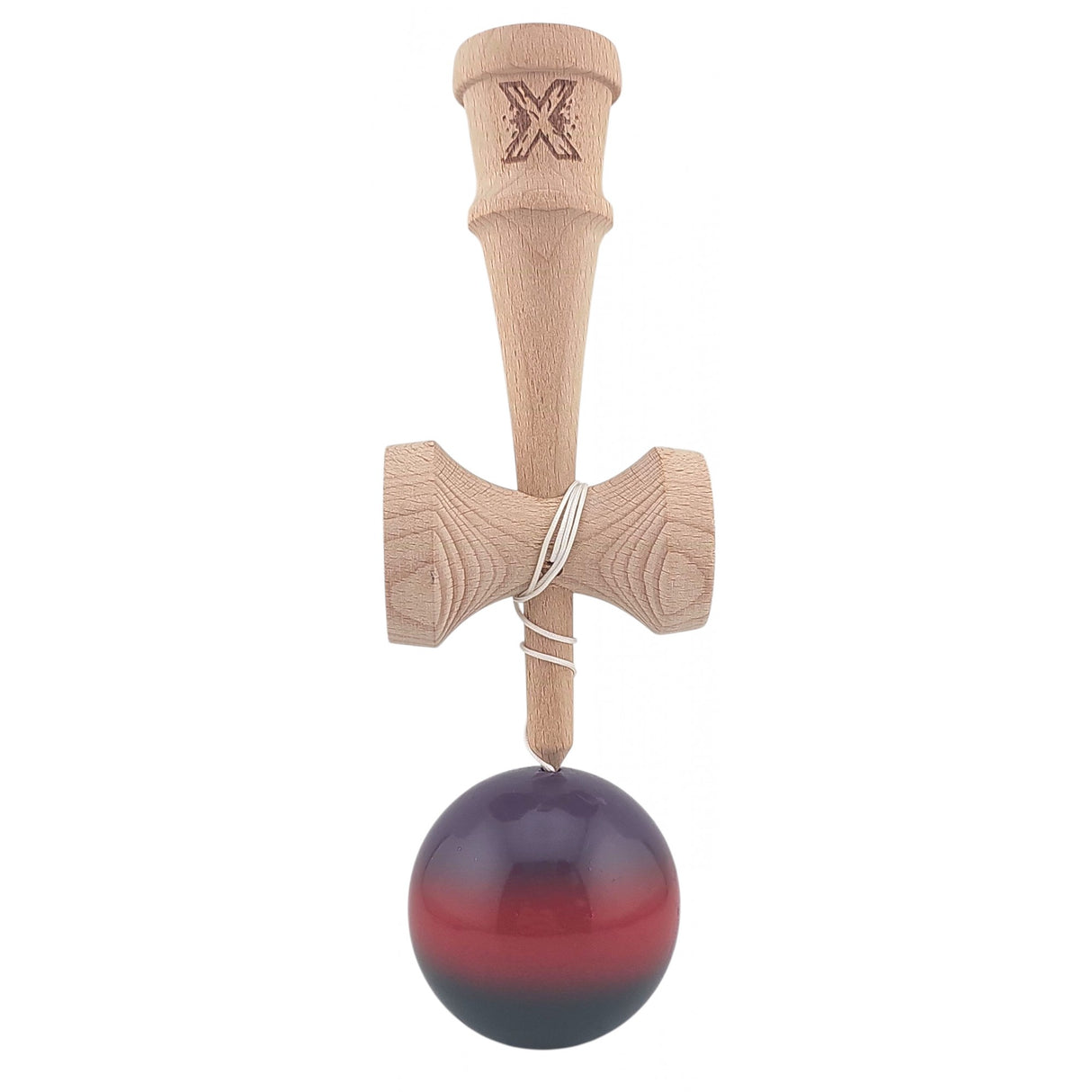 Kendama X Originala, Profesionala, Vivimall, Super Sticky din Lemn, 18 cm, Gradient Mov/Rosu/Negru - vivimall.ro