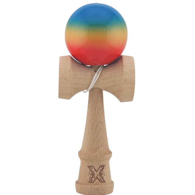 Kendama X Originala, Profesionala, Flippy, Super Sticky din Lemn, 18 cm, Gradient Rosu/Galben/Albastru - vivimall.ro