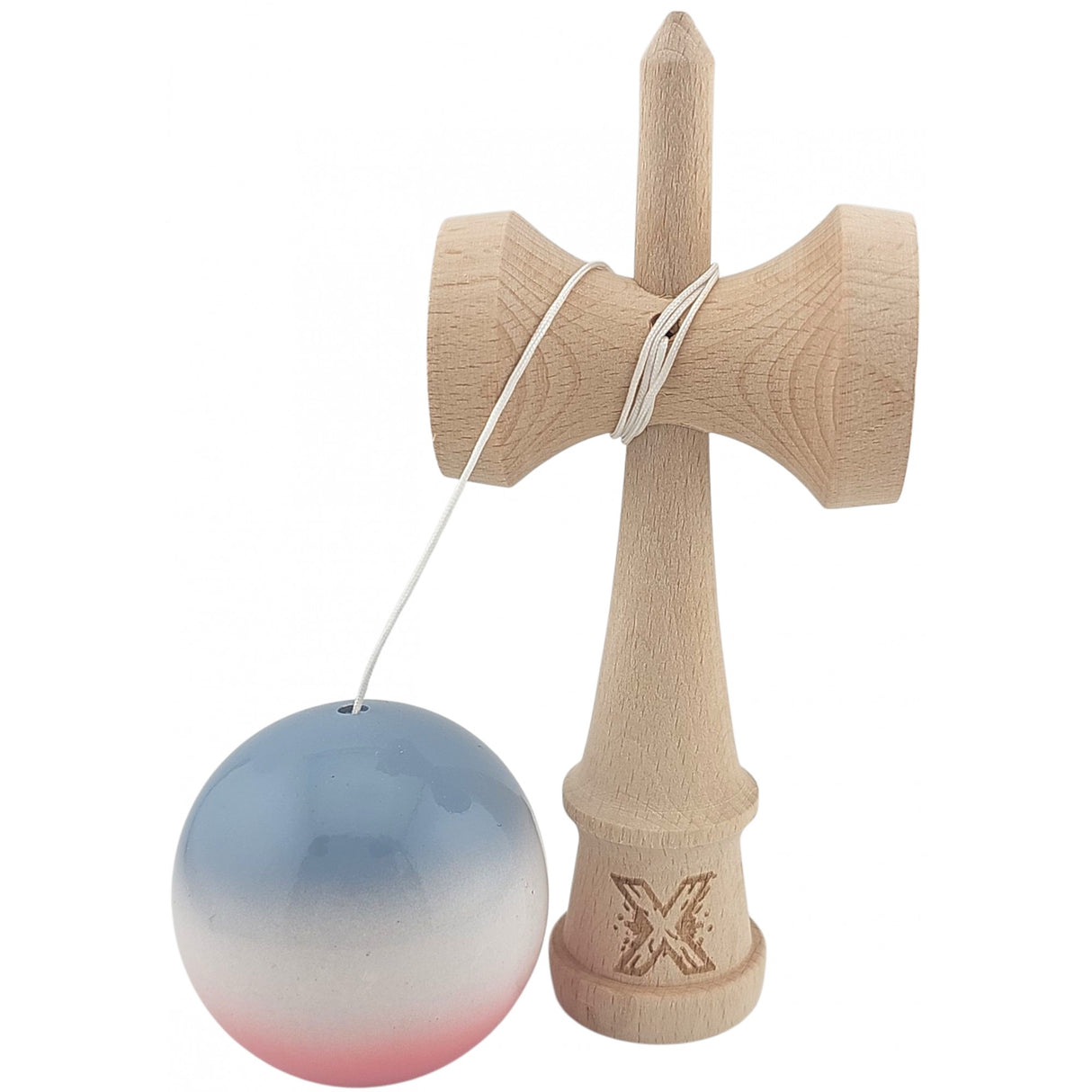 Kendama X Originala, Profesionala, Vivimall, Super Sticky din Lemn, 18 cm, Gradient Roz/Alb/Gri - vivimall.ro