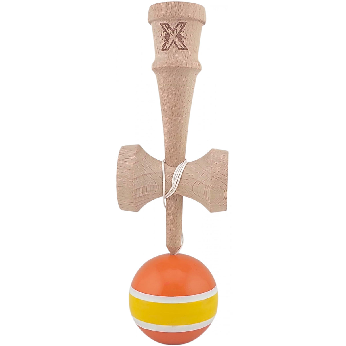 Kendama X Originala, Profesionala, Vivimall, Super Sticky din Lemn, 18 cm, Portocaliu/Galben/Alb - vivimall.ro