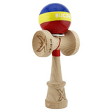 Kendama originală profesională din lemn, Tricolor Edition București, King Size V3, vedere frontală completă