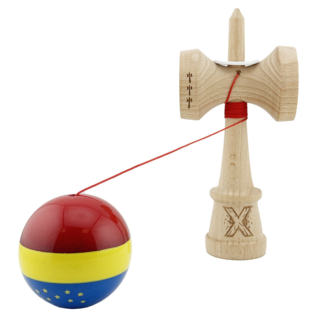 Detaliu rulment metalic și gaură în baza kendamei profesionale Tricolor cu stele