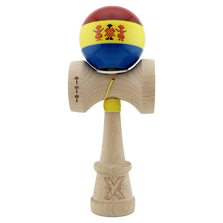 Kendama X Originala, Profesionala, Vivimall, Tricolor Edition Stil Romanesc, Super Sticky cu Cupe Mari KING SIZE V3, Rulment Metalic si Gaura in Baza, din Lemn 18 cm, Ata 55 cm, Multicolor - vivimall.ro