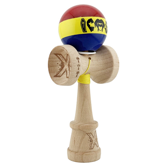 Kendama X Originala, Profesionala, Vivimall, Tricolor Edition Vampir Dracula, Super Sticky cu Cupe Mari KING SIZE V3, Rulment Metalic si Gaura in Baza, din Lemn 18 cm, Ata 55 cm, Multicolor - vivimall.ro