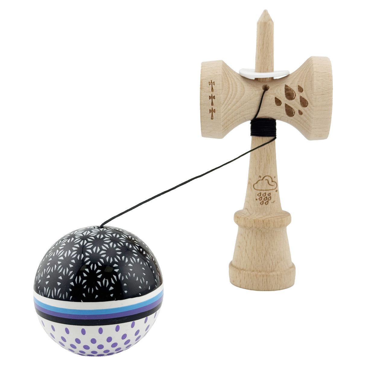 Kendama X Originala, Profesionala, Flippy, RAINDROPS, Super Sticky cu Cupe Mari KING SIZE V3, Gaura in Baza, Rulment Metalic, din lemn 18 cm, Ata 62/65 cm, Alb/Negru/Mov - vivimall.ro