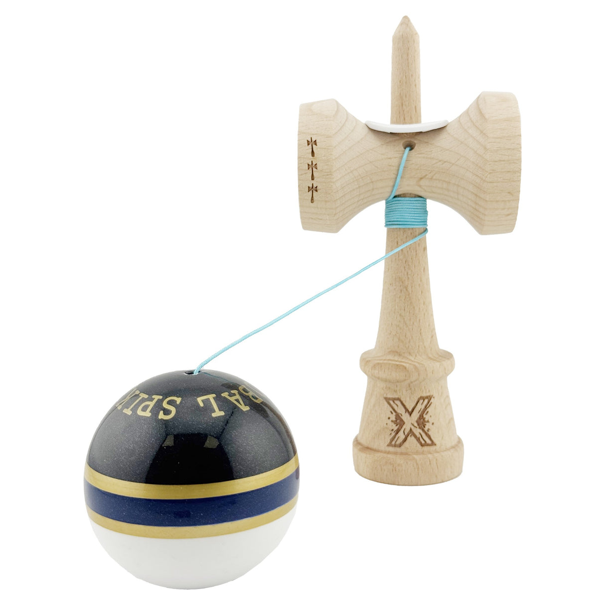 Kendama X Originala ROYAL SPIKE, Profesionala, Vivimall, Cupe Mari KING SIZE V3, Super Sticky, Gaura in Baza, Rulment Metalic, din lemn 18 cm, Ata 55 cm, Inel Albastru inchis