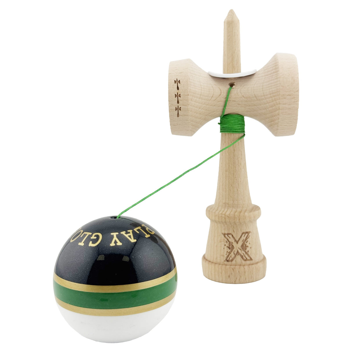 Kendama X Originala ROYAL SPIKE, Profesionala, Vivimall, Cupe Mari KING SIZE V3, Super Sticky, Gaura in Baza, Rulment Metalic, din lemn 18 cm, Ata 55 cm, Inel Verde