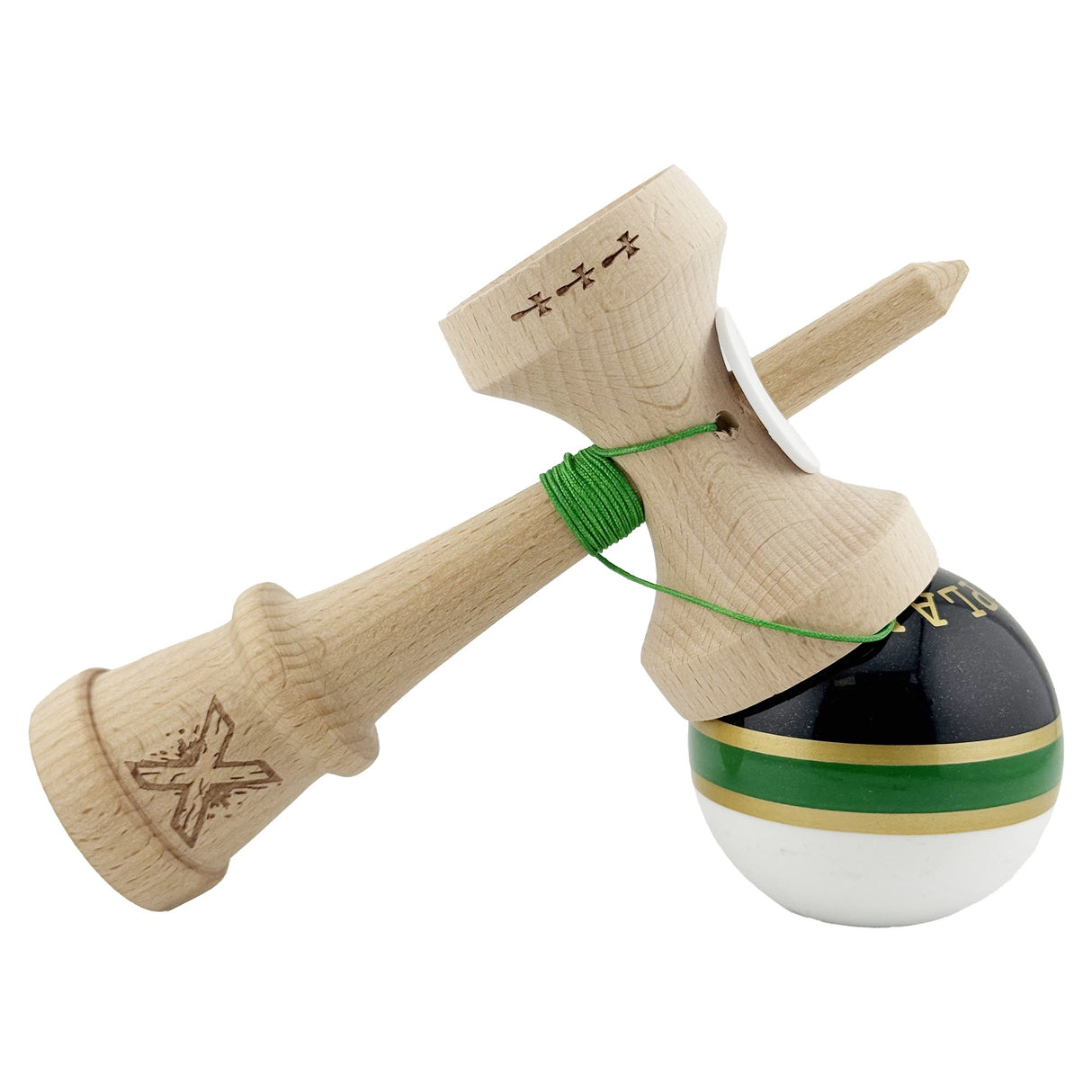 Kendama X Originala ROYAL SPIKE, Profesionala, Vivimall, Cupe Mari KING SIZE V3, Super Sticky, Gaura in Baza, Rulment Metalic, din lemn 18 cm, Ata 55 cm, Inel Verde