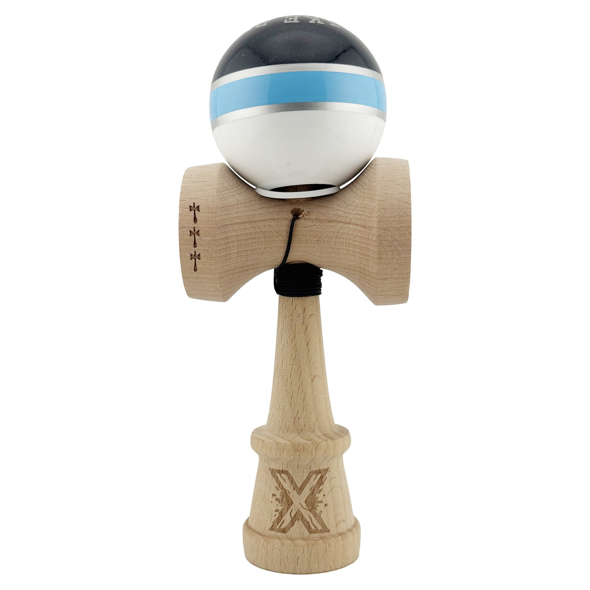 Kendama X Originala ROYAL SPIKE, Profesionala, Vivimall, Cupe Mari KING SIZE V3, Super Sticky, Gaura in Baza, Rulment Metalic, din lemn 18 cm, Ata 55 cm, Inel Albastru deschis