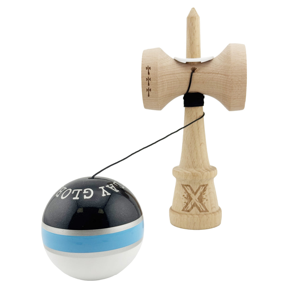 Kendama X Originala ROYAL SPIKE, Profesionala, Vivimall, Cupe Mari KING SIZE V3, Super Sticky, Gaura in Baza, Rulment Metalic, din lemn 18 cm, Ata 55 cm, Inel Albastru deschis
