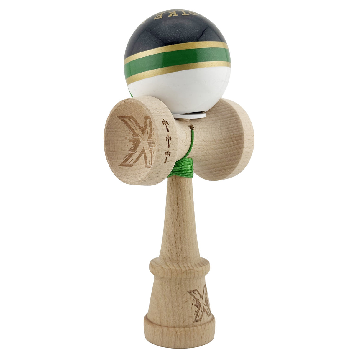 Kendama X Originala ROYAL SPIKE, Profesionala, Vivimall, Cupe Mari KING SIZE V3, Super Sticky, Gaura in Baza, Rulment Metalic, din lemn 18 cm, Ata 55 cm, Inel Verde