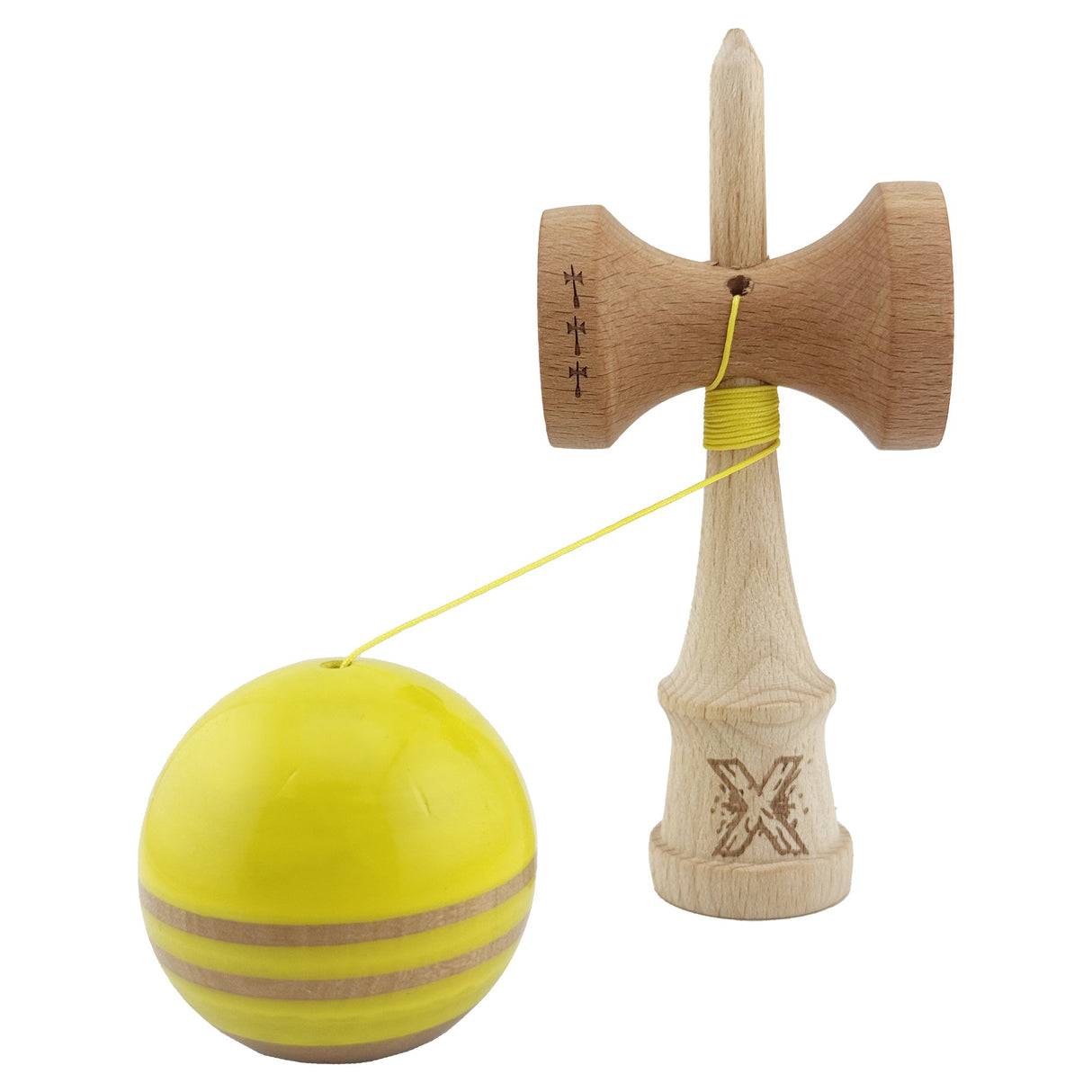 Kendama X Rainbow Originala, Profesionala, Flippy, Big Cups V2, Super Sticky cu Cupe Mari, Rulment Metalic, din lemn 18 cm, Ata 55 cm, Galben/Maro - vivimall.ro