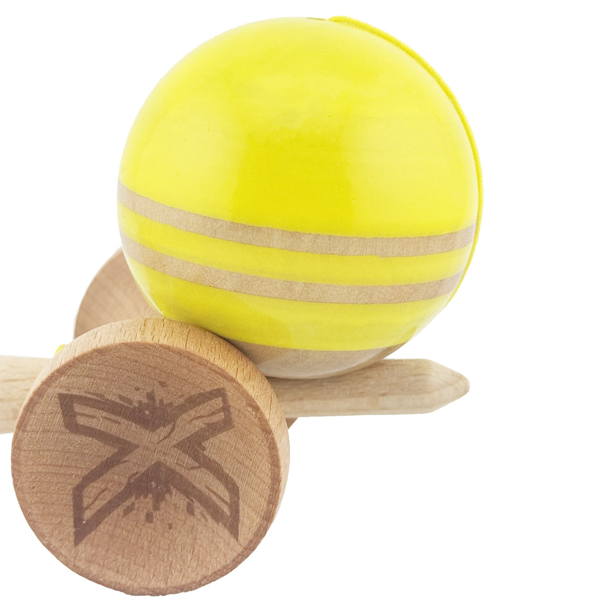 Kendama X Rainbow Originala, Profesionala, Flippy, Big Cups V2, Super Sticky cu Cupe Mari, Rulment Metalic, din lemn 18 cm, Ata 55 cm, Galben/Maro - vivimall.ro