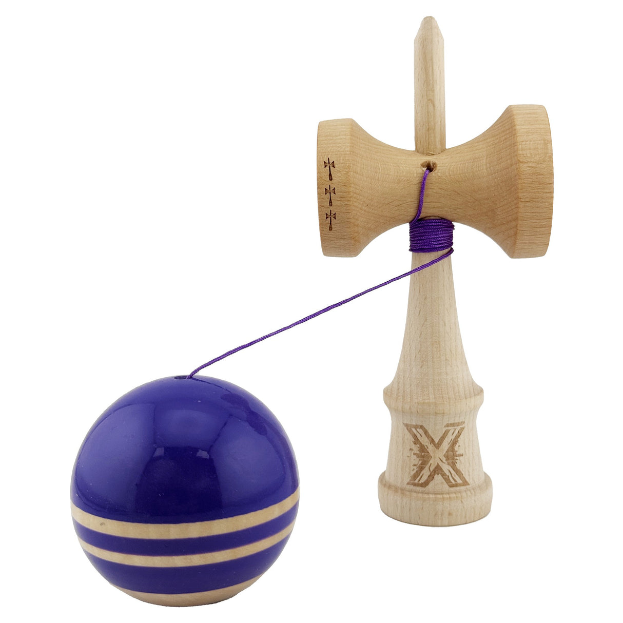 Kendama X Rainbow Originala, Profesionala, Vivimall, Big Cups V2, Super Sticky cu Cupe Mari, Rulment Metalic, din lemn 18 cm, Ata 55 cm, Violet/Maro
