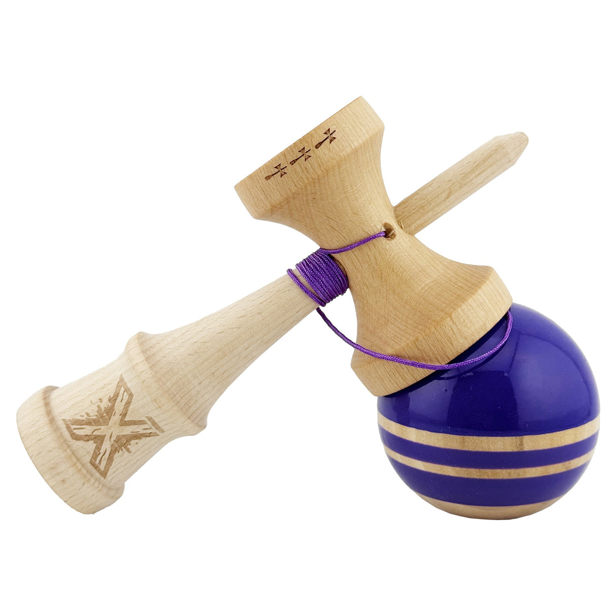 Kendama X Rainbow Originala, Profesionala, Vivimall, Big Cups V2, Super Sticky cu Cupe Mari, Rulment Metalic, din lemn 18 cm, Ata 55 cm, Violet/Maro