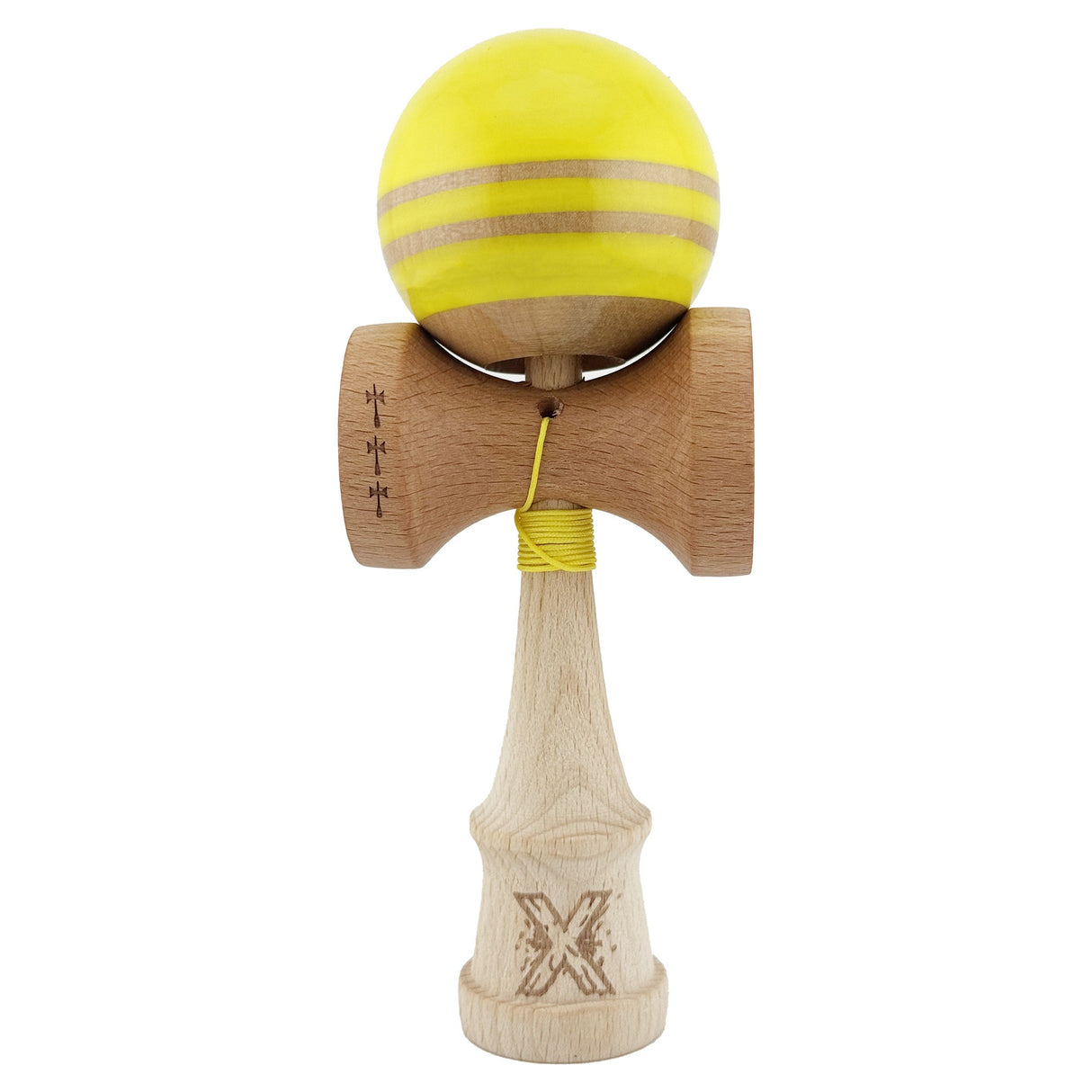 Kendama X Rainbow Originala, Profesionala, Vivimall, Big Cups V2, Super Sticky cu Cupe Mari, Rulment Metalic, din lemn 18 cm, Ata 55 cm, Galben/Maro - vivimall.ro