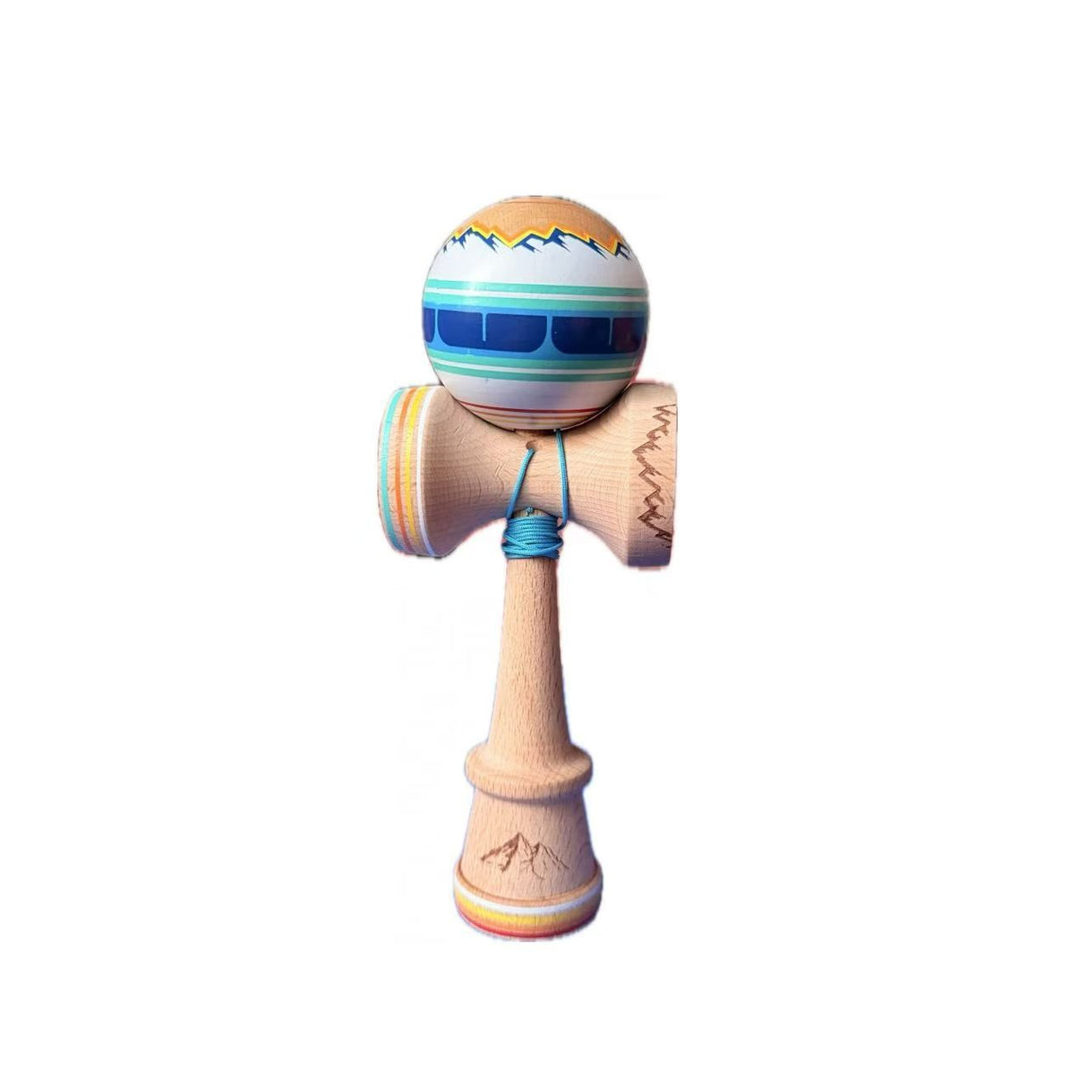 Kendama X Originala, Profesionala, Flippy, MOUNTAINS, Super Sticky cu Cupe Mari KING SIZE V3, Gaura in Baza, Rulment Metalic, din lemn 18 cm, Ata 62/65 cm, Albastru/Alb - vivimall.ro