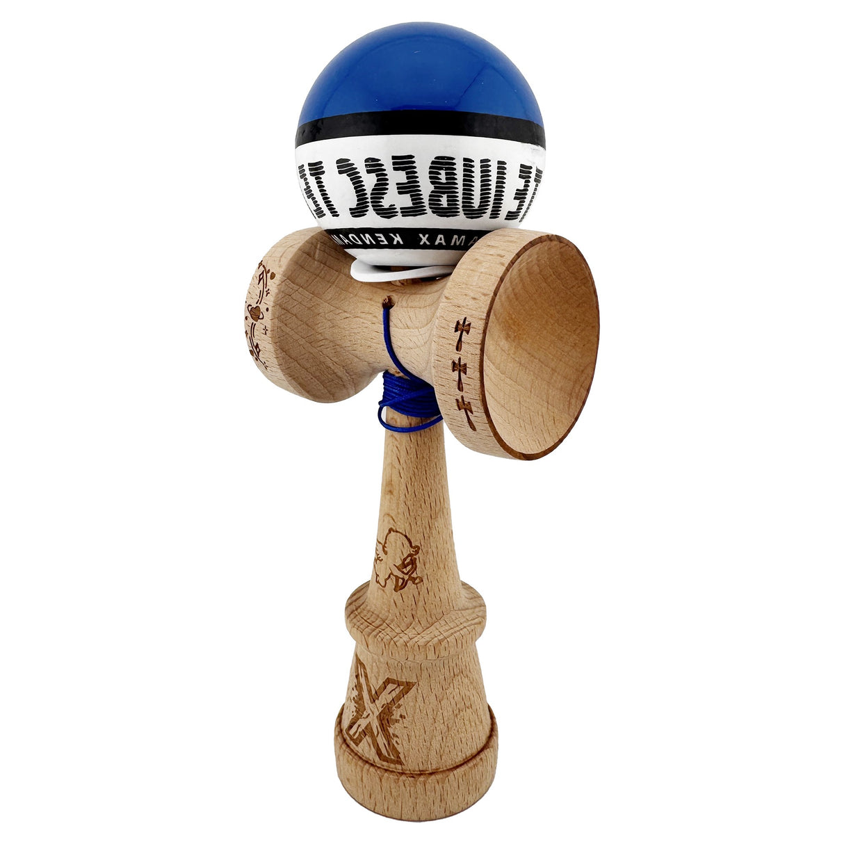 Kendama X TE IUBESC Originala, Profesionala, Vivimall, Super Sticky cu Cupe Mari KING SIZE V3, Gaura in Baza, Rulment Metalic, din lemn 18 cm, Ata 62/65 cm, Albastru/Alb - vivimall.ro
