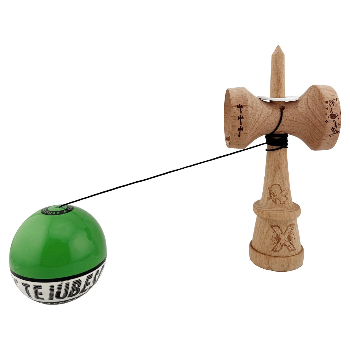 Kendama X TE IUBESC Originala, Profesionala, Vivimall, Super Sticky cu Cupe Mari KING SIZE V3, Gaura in Baza, Rulment Metalic, din lemn 18 cm, Ata 62/65 cm, Verde/Alb - vivimall.ro