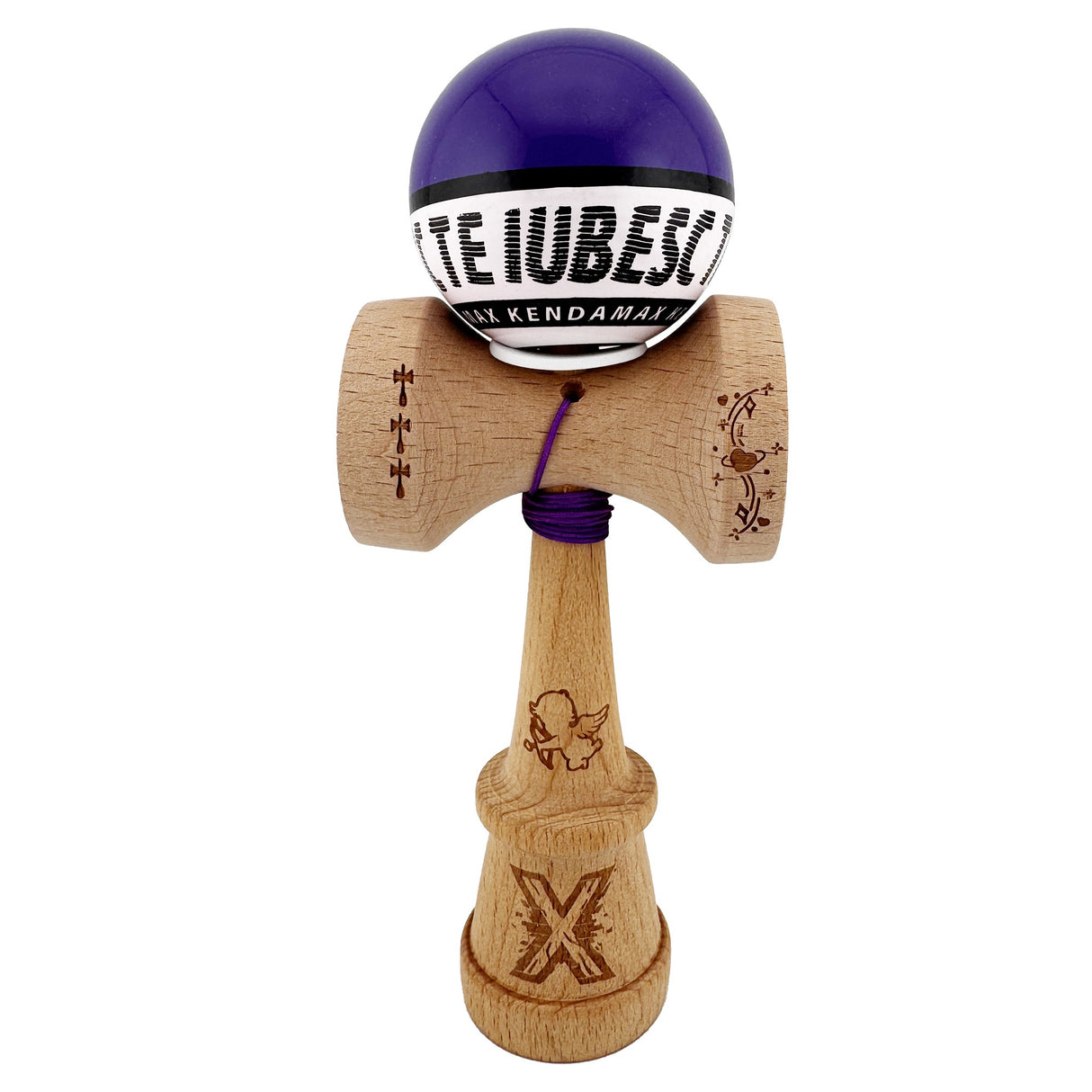 Kendama X TE IUBESC Originala, Profesionala, Vivimall, Super Sticky cu Cupe Mari KING SIZE V3, Gaura in Baza, Rulment Metalic, din lemn 18 cm, Ata 62/65 cm, Violet/Alb - vivimall.ro