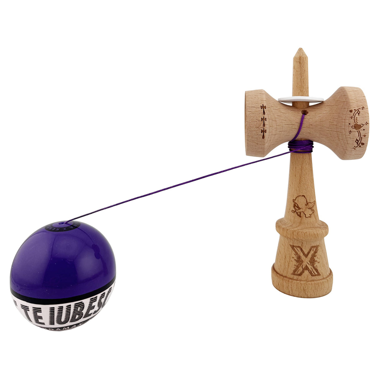 Kendama X TE IUBESC Originala, Profesionala, Vivimall, Super Sticky cu Cupe Mari KING SIZE V3, Gaura in Baza, Rulment Metalic, din lemn 18 cm, Ata 62/65 cm, Violet/Alb - vivimall.ro