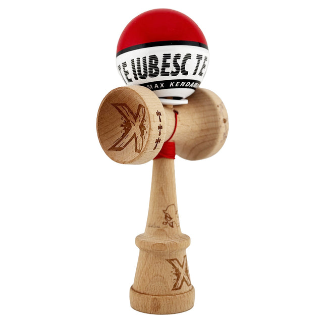Kendama X TE IUBESC Originala, Profesionala, Vivimall, Super Sticky cu Cupe Mari KING SIZE V3, Gaura in Baza, Rulment Metalic, din lemn 18 cm, Ata 62/65 cm, Rosu/Alb - vivimall.ro