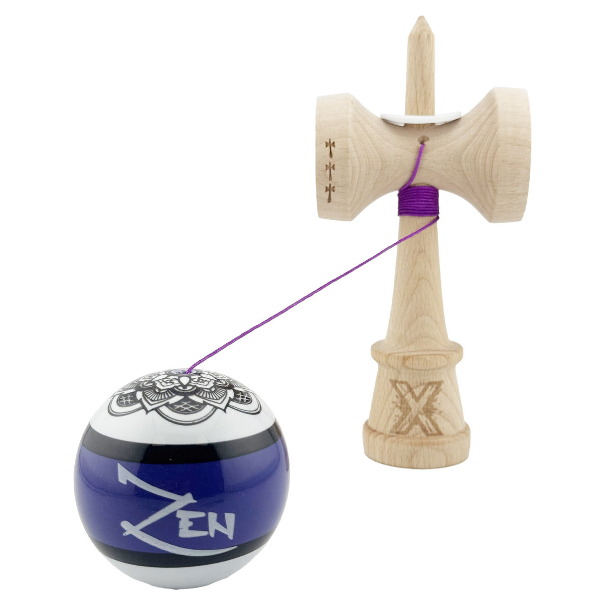 Kendama X Zen Series Originala, Profesionala, Vivimall, Super Sticky cu Cupe Mari V3, King Size Cups, Rulment Metalic si Gaura in Baza, din Lemn 18 cm, Ata 55 cm, Violet
