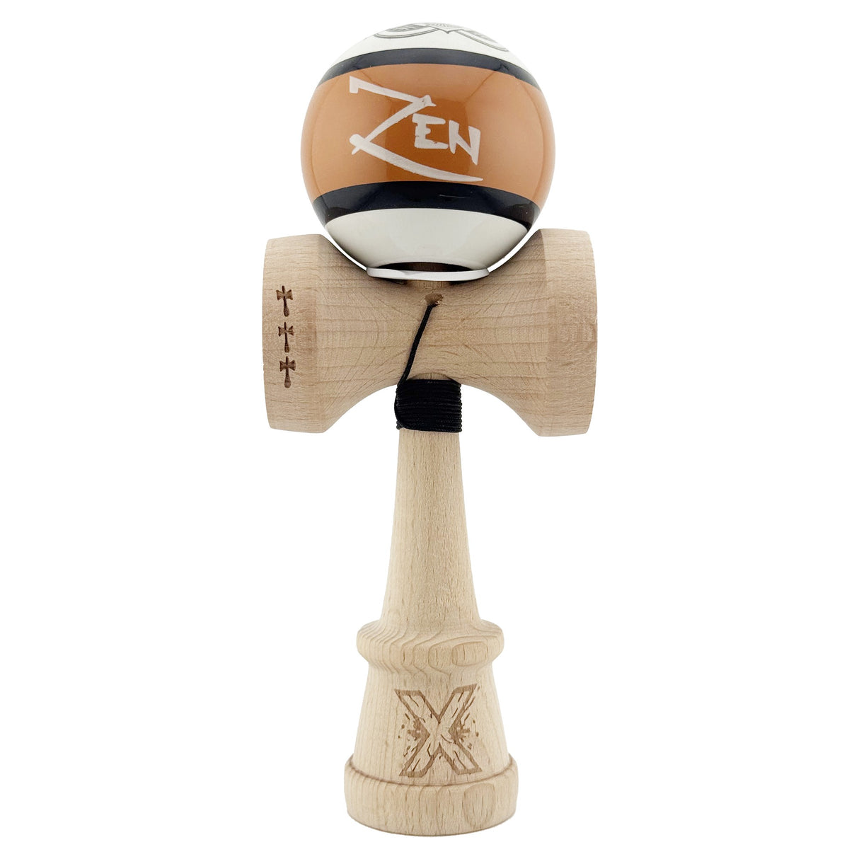 Kendama X Zen Series Originala, Profesionala, Vivimall, Super Sticky cu Cupe Mari V3, King Size Cups, Rulment Metalic si Gaura in Baza, din Lemn 18 cm, Ata 55 cm, Maro