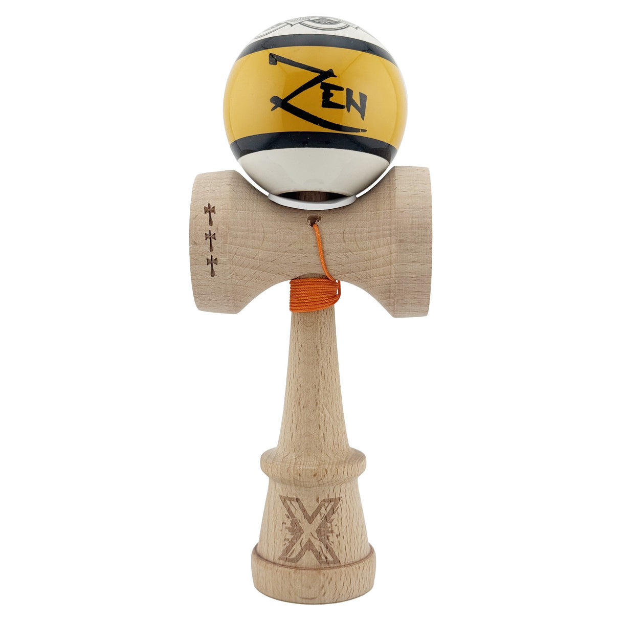 Kendama X Zen Series Originala, Profesionala, Vivimall, Super Sticky cu Cupe Mari V3, King Size Cups, Rulment Metalic si Gaura in Baza, din Lemn 18 cm, Ata 55 cm, Auriu
